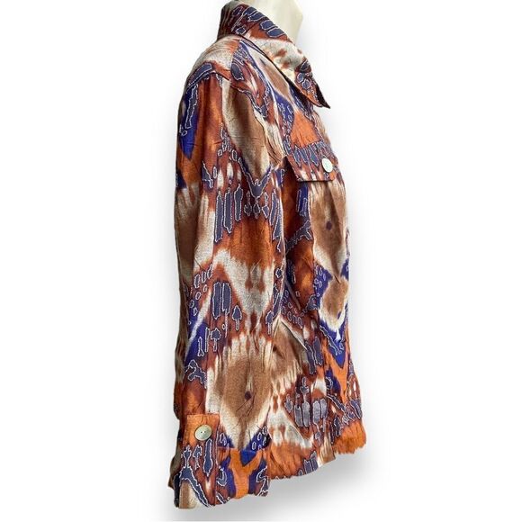 Ruby Rd Mesh Cutout Feather Ikat  Shell Button Flap Pocket Tab Sleeve Blouse - Picture 7 of 16